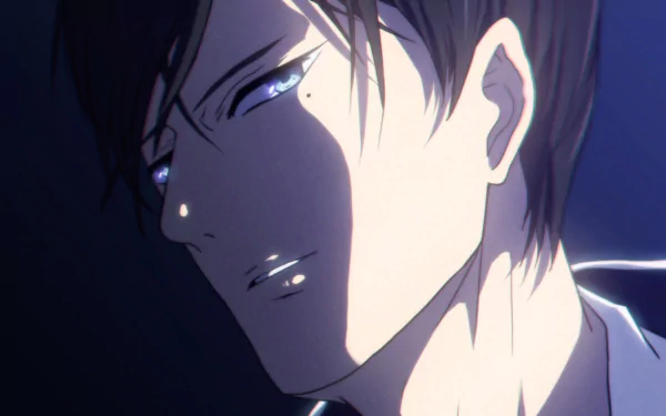 HD PC desktop wallpaper of Sakamoto (Haven't You Heard I'm Sakamoto) — anime close-up in cool blue light, reflective eyes and a composed, enigmatic smile.