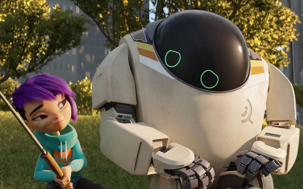 HD desktop wallpaper from Next Gen featuring a girl with purple hair and a large robot.