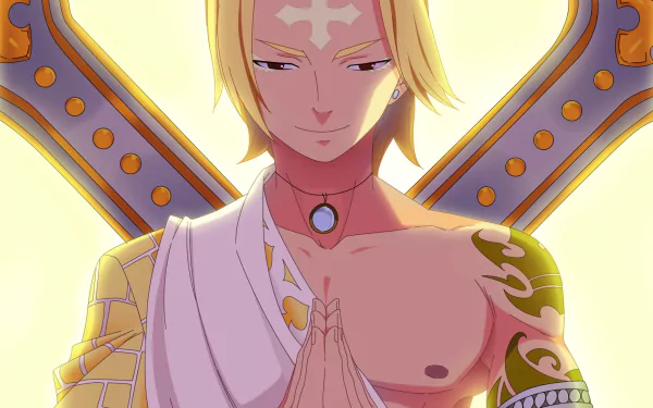 Larcade Dragneel from Fairy Tail — anime HD PC desktop wallpaper: blond mage with folded hands, chest tattoo, glowing forehead mark and radiant golden backlight.