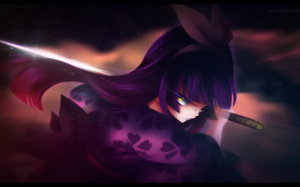 HD PC desktop wallpaper featuring Kagura Mikazuchi from the anime Fairy Tail, depicted with intense eyes and a sword against a dark, atmospheric background.