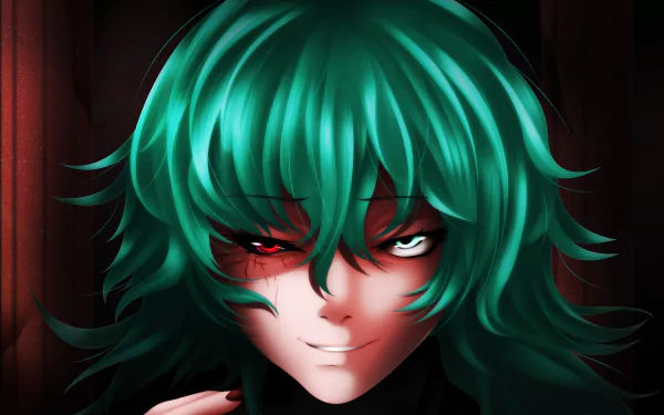 HD anime wallpaper of Eto Yoshimura from Tokyo Ghoul:re, featuring her eerie smile and striking green hair against a dark background.