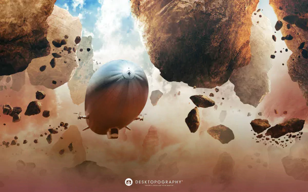Artistic Desktopography 2K Quad HD PC desktop wallpaper and background: a blimp drifting through floating rocky debris amid a dramatic, sunlit sky.