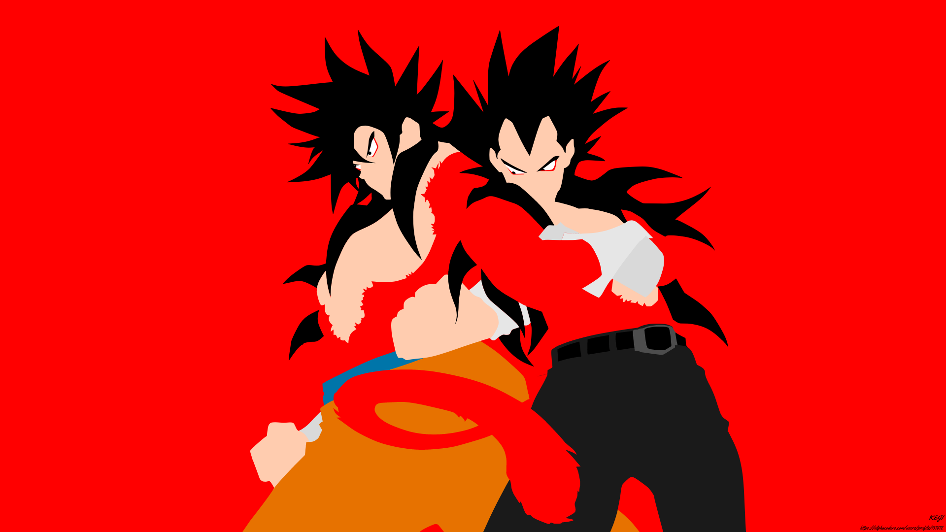 Minimalist 8K Ultra HD Dragon Ball GT wallpaper featuring Goku and Vegeta in their Super Saiyan 4 forms with black hair against a vivid red background.