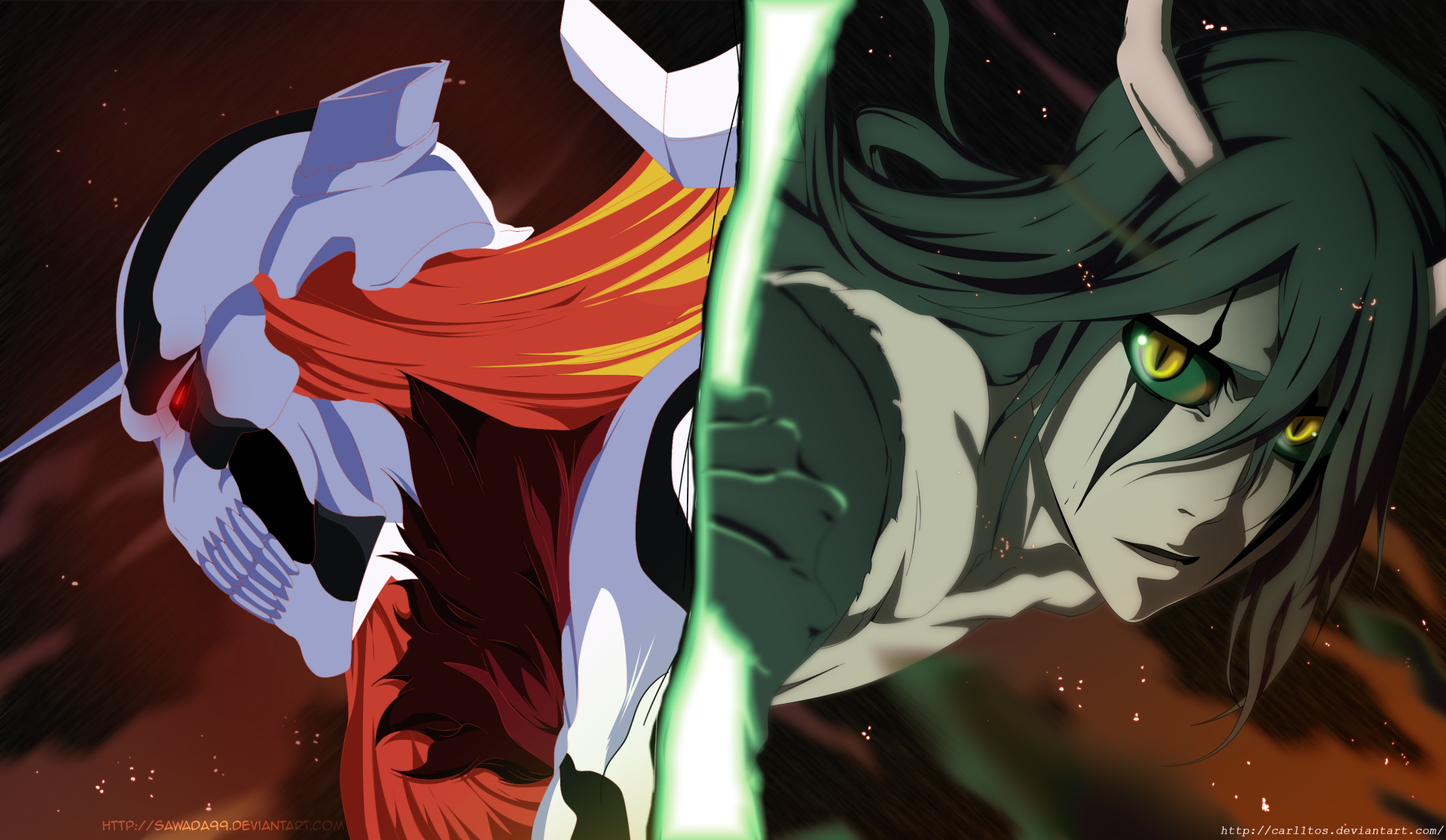 HD PC wallpaper featuring Ichigo Kurosaki and Ulquiorra Cifer from the anime Bleach, showcasing their intense confrontation with vivid colors and dynamic composition.