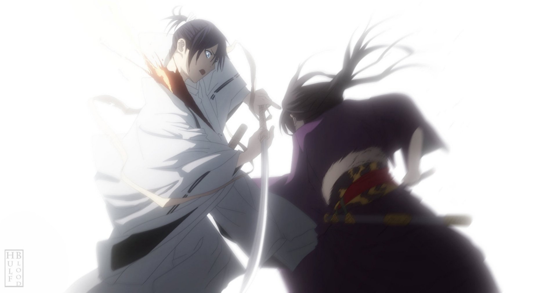 HD PC desktop wallpaper from Noragami: Yato and Takemikazuchi duel in a dramatic, backlit anime action shot.