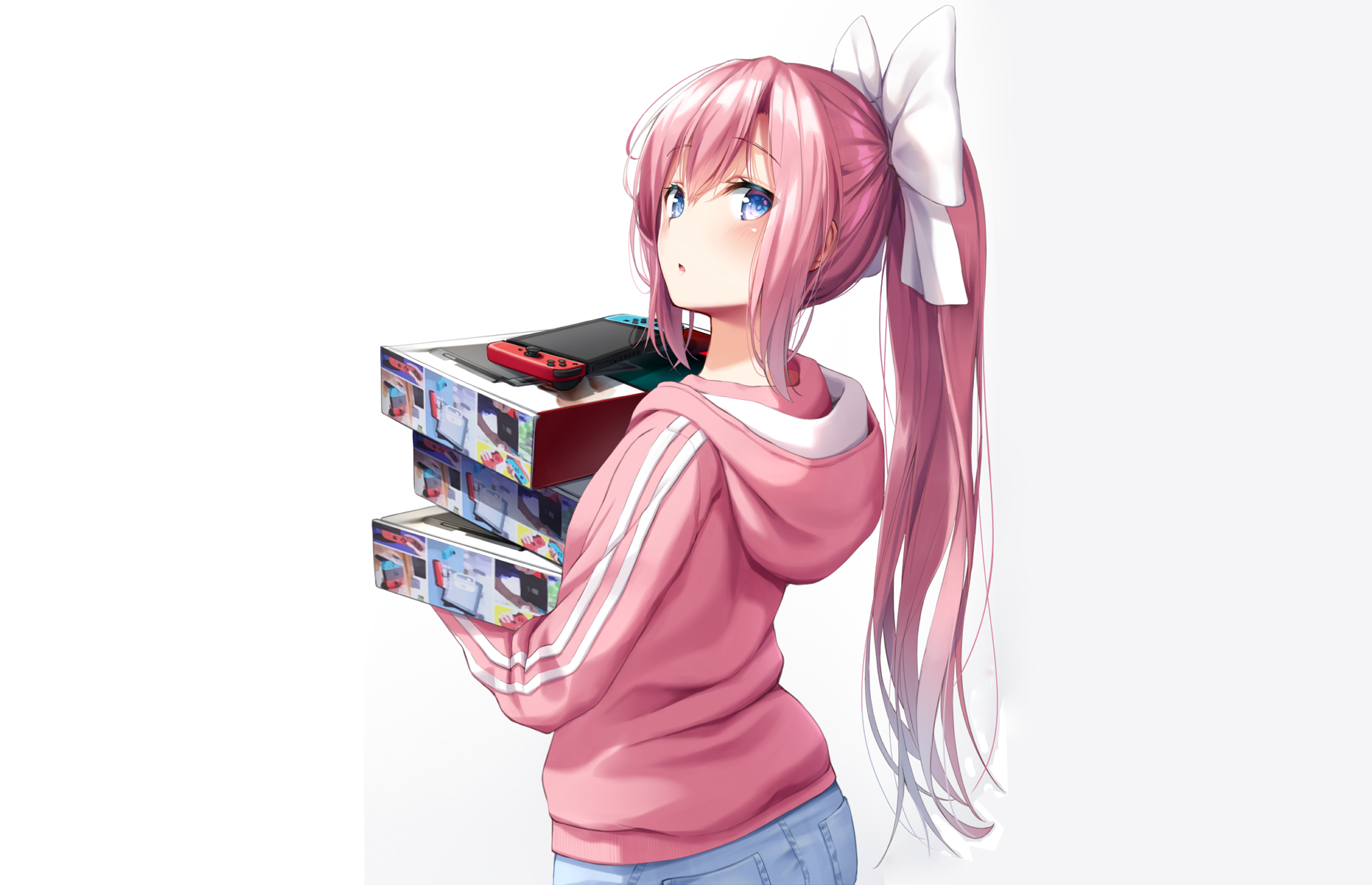 HD anime wallpaper featuring an original character with pink hair in a ponytail, holding anime merchandise boxes and a gaming console, wearing a pink hoodie and blue jeans with a large white bow.