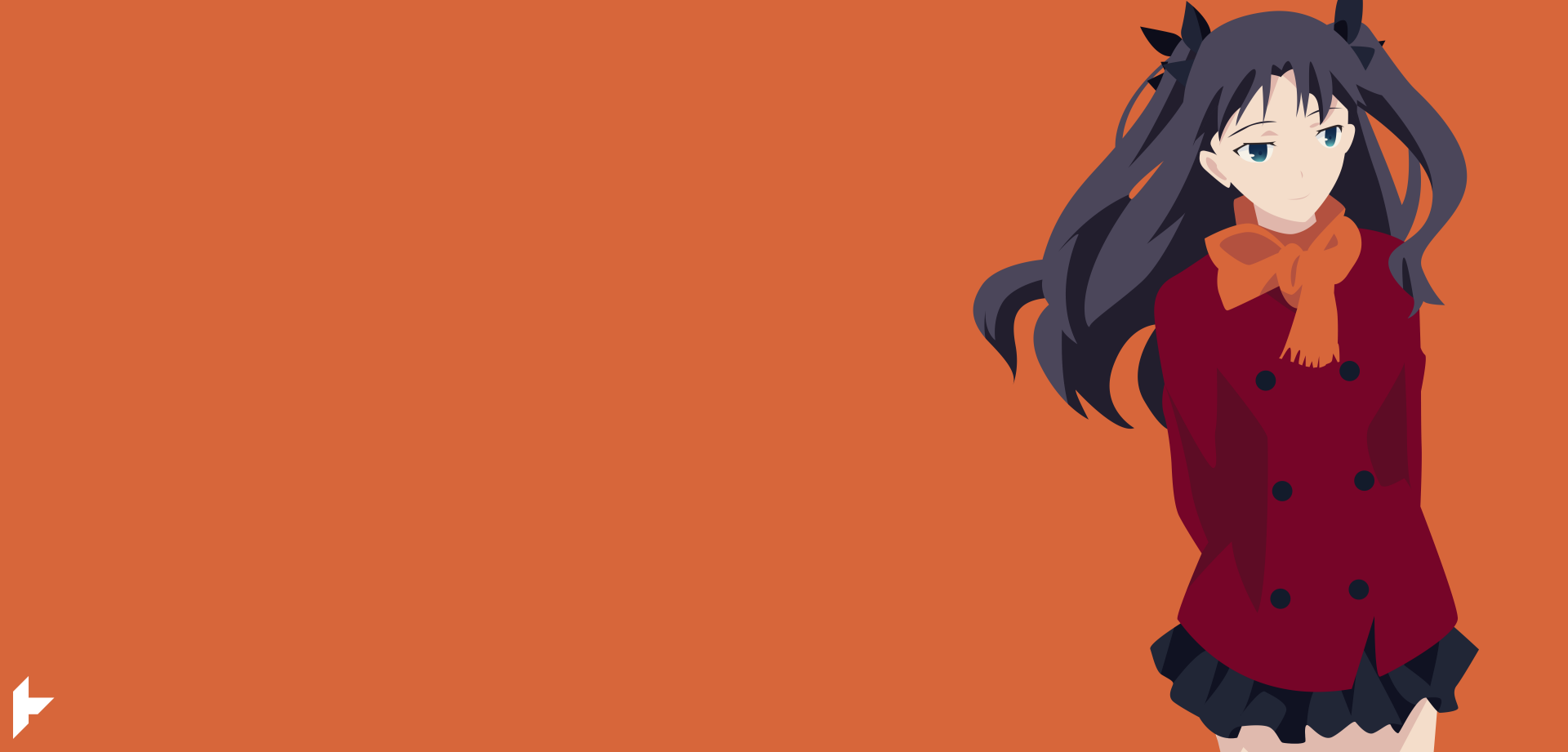 Rin Tohsaka (Fate/Stay Night: Unlimited Blade Works) in a red coat and scarf standing at the right against an orange backdrop — 5K Ultra HD PC desktop wallpaper/background.