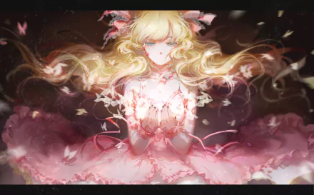 An HD desktop wallpaper featuring an original anime character with long blonde hair, blue eyes, and a white dress. The character is smiling and surrounded by a dreamy, magical atmosphere.