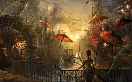 Fantasy city with intricate structures and lanterns, red umbrellas floating above, and a person with tentacles emanating from their back. HD desktop wallpaper and background image.