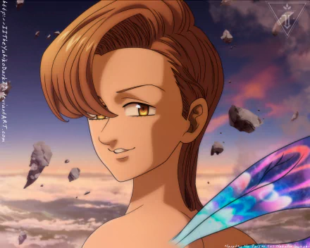 HD PC wallpaper of King (The Seven Deadly Sins): close-up anime portrait with short auburn hair, golden eyes and colorful fairy wing against a dusky sky with floating rocks.