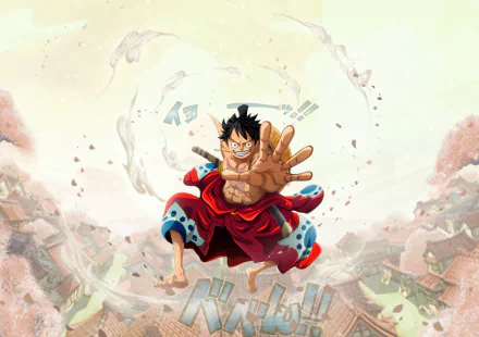 HD PC desktop wallpaper featuring Monkey D. Luffy from the anime One Piece, depicted in dynamic action with vibrant colors and an energetic background.