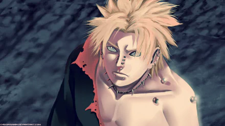 HD anime wallpaper featuring Pain from Naruto, showcasing his distinctive piercings and intense gaze, with a dark, stormy background.