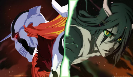 HD PC wallpaper featuring Ichigo Kurosaki and Ulquiorra Cifer from the anime Bleach, showcasing their intense confrontation with vivid colors and dynamic composition.