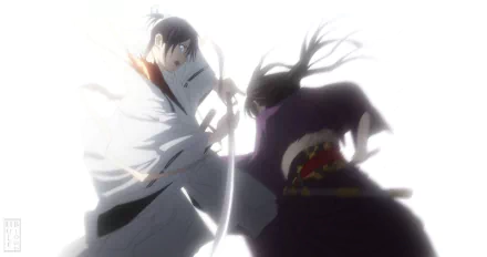 HD PC desktop wallpaper from Noragami: Yato and Takemikazuchi duel in a dramatic, backlit anime action shot.