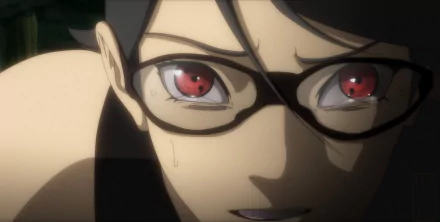 Close-up HD PC wallpaper of Sarada Uchiha from the anime Boruto, showcasing her intense red eyes and glasses with a determined expression.