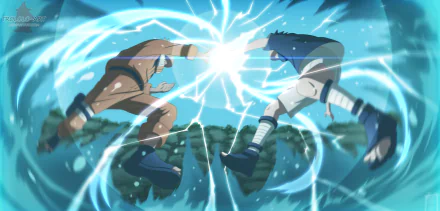HD PC desktop wallpaper featuring Naruto Uzumaki and Sasuke Uchiha from the anime Naruto, engaged in an intense battle with dynamic energy effects.