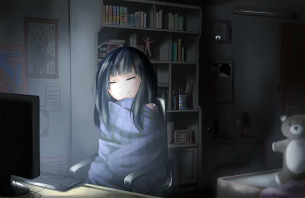 Anime-style girl with black hair wrapped in a blanket sits peacefully in a dimly lit room with a computer and bookshelves, depicted in an HD PC desktop wallpaper.