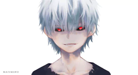 HD anime wallpaper featuring Ken Kaneki from Tokyo Ghoul with white hair and glowing red eyes against a clean white background.