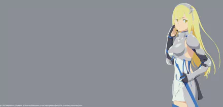 Aiz Wallenstein from Danmachi: Sword Oratoria in white armor on the right against a gray background, 5K Ultra HD PC desktop wallpaper.