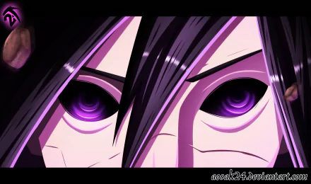Close-up of Madara Uchiha's intense purple Rinnegan eyes from Naruto, anime HD PC desktop wallpaper with high-contrast, cinematic framing.
