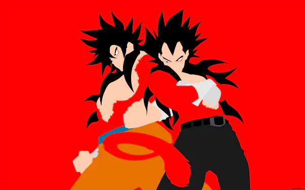 Minimalist 8K Ultra HD Dragon Ball GT wallpaper featuring Goku and Vegeta in their Super Saiyan 4 forms with black hair against a vivid red background.