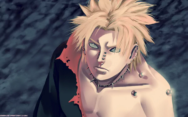 HD anime wallpaper featuring Pain from Naruto, showcasing his distinctive piercings and intense gaze, with a dark, stormy background.