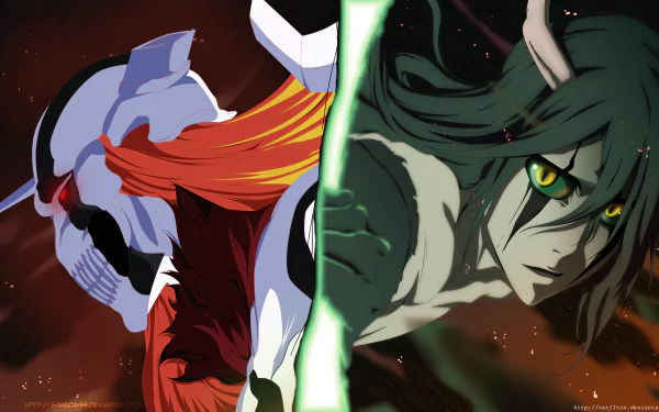 HD PC wallpaper featuring Ichigo Kurosaki and Ulquiorra Cifer from the anime Bleach, showcasing their intense confrontation with vivid colors and dynamic composition.