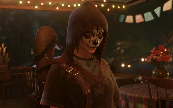 Lara Croft from the video game Shadow of the Tomb Raider, hooded and wearing skull face paint amid festival lights — HD PC desktop wallpaper/background.