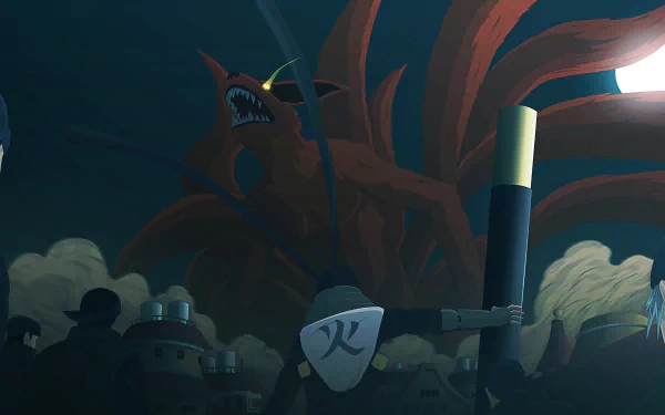 HD anime desktop wallpaper featuring Kurama and Hiruzen Sarutobi from Naruto, showcasing a dramatic and intense scene in a dark, atmospheric setting.