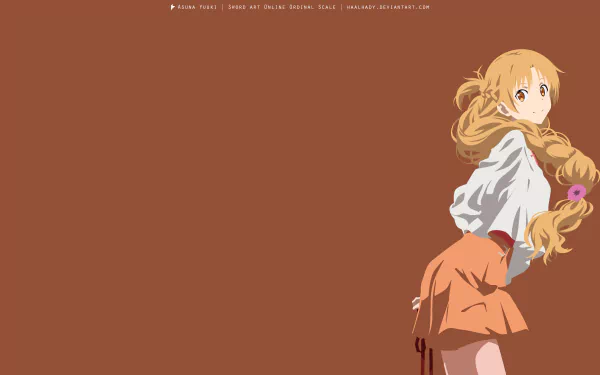 Asuna Yuuki from Sword Art Online Movie: Ordinal Scale stands at right with flowing hair, white blouse and orange skirt against a warm brown background, 5K Ultra HD desktop wallpaper.