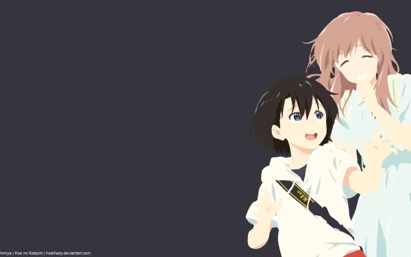 5K Ultra HD PC wallpaper of Yuzuru Nishimiya and Shouko Nishimiya from the anime A Silent Voice, smiling together on the right against a wide charcoal background.