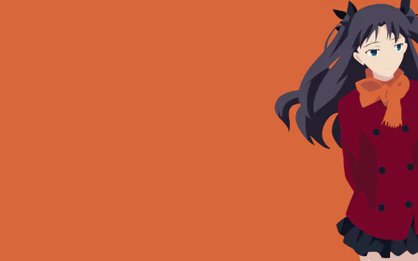 Rin Tohsaka (Fate/Stay Night: Unlimited Blade Works) in a red coat and scarf standing at the right against an orange backdrop — 5K Ultra HD PC desktop wallpaper/background.