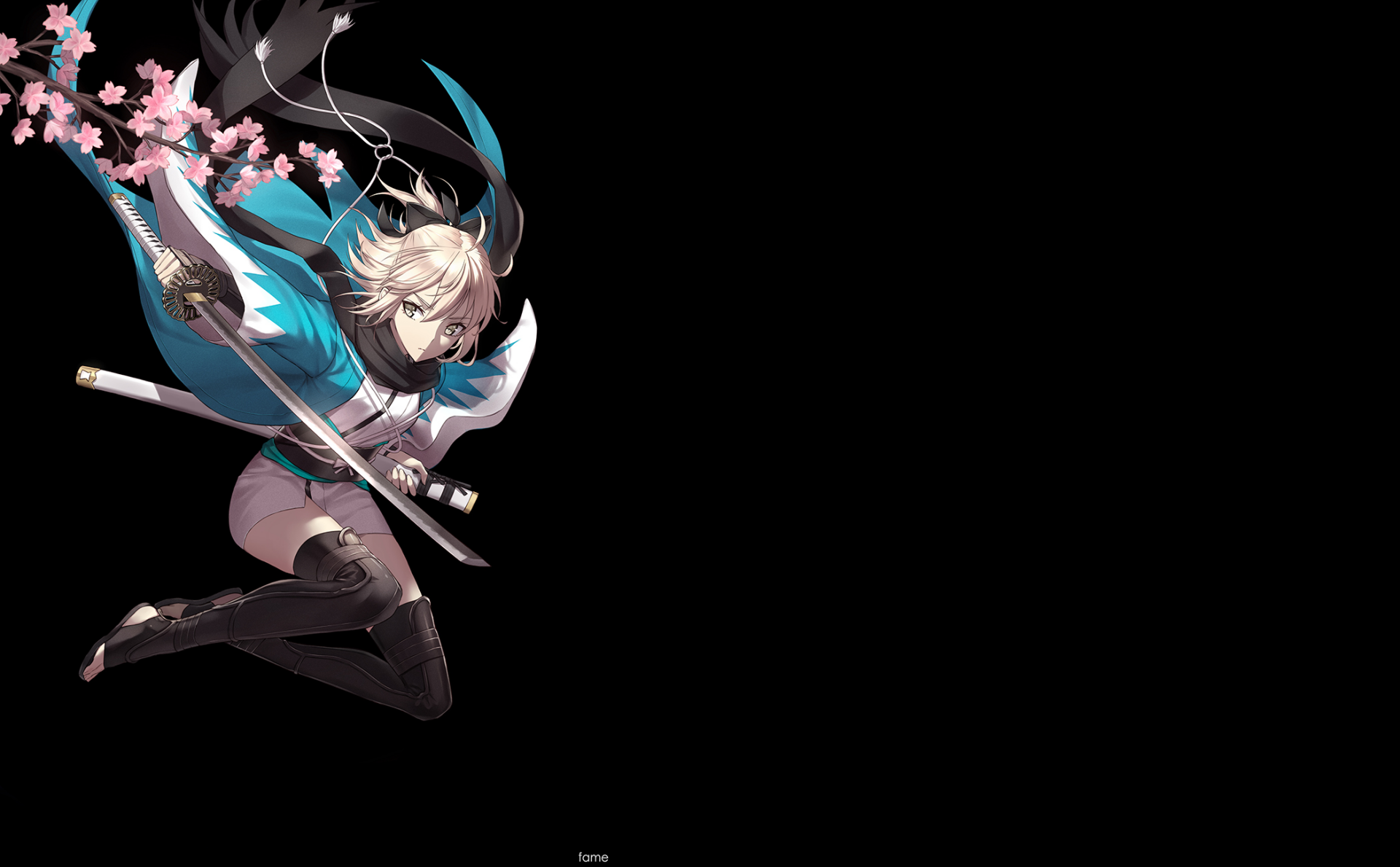HD PC desktop wallpaper featuring Sakura Saber from the anime Fate/Grand Order, showcasing dynamic action with cherry blossoms against a black background.