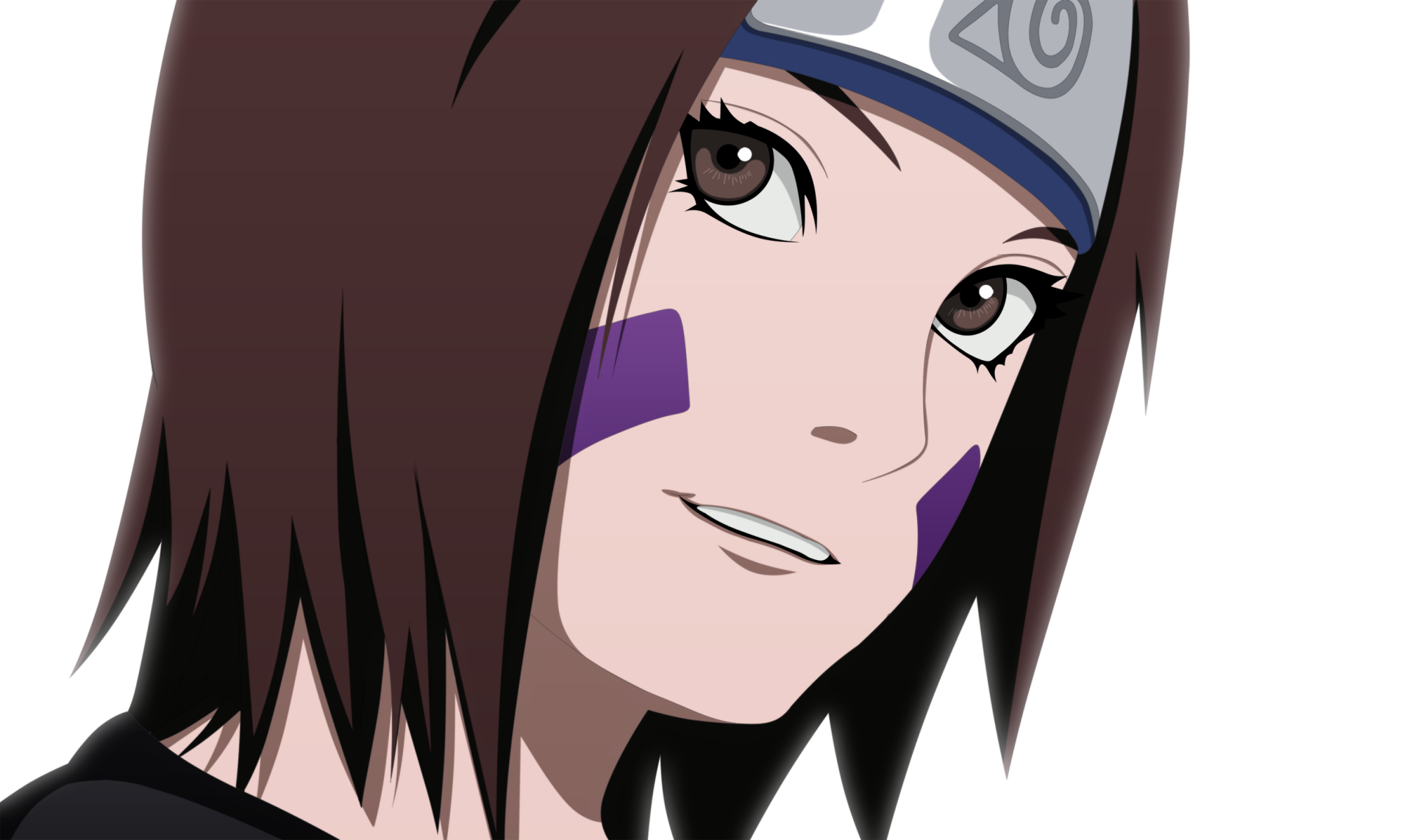 Rin Nohara from Naruto anime — HD PC desktop wallpaper: close-up smiling, short brown hair, purple cheek markings and a Leaf Village headband on a clean white background.