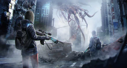 HD Sci-Fi desktop wallpaper depicting a woman warrior and an ally facing a towering alien creature in a post-apocalyptic cityscape shrouded in mist and ruins.