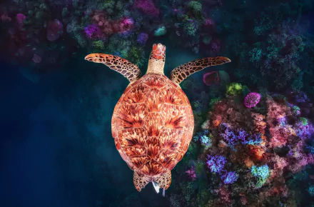 HD PC desktop wallpaper featuring an underwater scene with a sea turtle swimming above colorful coral reefs.