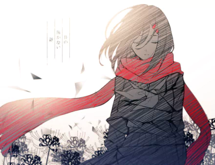 HD anime desktop wallpaper featuring Ayano Tateyama from Kagerou Project with a flowing red scarf and soft lighting over a floral background.