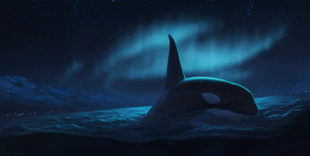 A 4K Ultra HD fantasy wallpaper of a whale swimming under a blue night sky illuminated by the aurora borealis.