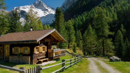 A rustic man-made cabin nestled by a forest path with towering snow-capped mountains in the background, captured in stunning 4K Ultra HD for PC desktop wallpaper.