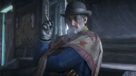 Javier Escuella, video game character from Red Dead Redemption 2, smoking in a rain-soaked poncho and bowler hat — moody 4K Ultra HD PC desktop wallpaper.