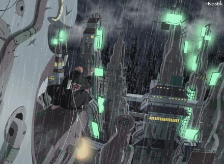 HD wallpaper featuring Yahiko from Naruto, also known as Pain from the Akatsuki, in a dark, rainy cityscape. The image showcases vibrant green lights against a stormy, industrial background.