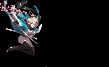 HD PC desktop wallpaper featuring Sakura Saber from the anime Fate/Grand Order, showcasing dynamic action with cherry blossoms against a black background.