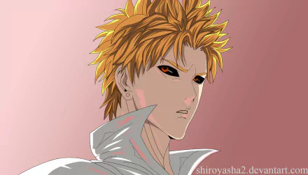 HD PC desktop wallpaper/background of Genos (One-Punch Man) — anime close-up: spiky blond hair, intense eyes, high-collared jacket on a muted pink backdrop.