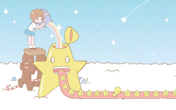 HD wallpaper featuring Mako Mankanshoku from Kill La Kill watering a whimsical plant, with playful, star-pattern designs and a pastel color scheme.