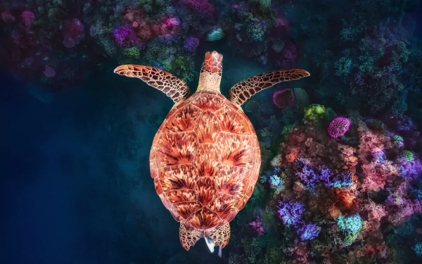 HD PC desktop wallpaper featuring an underwater scene with a sea turtle swimming above colorful coral reefs.