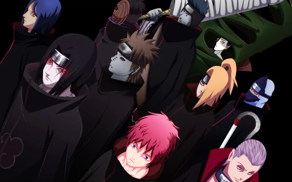 HD PC desktop wallpaper featuring Akatsuki members from Naruto, including Kakuzu, Hidan, Deidara, Sasori, Kisame, Konan, Zetsu, Obito, Itachi, Pain, and Yahiko.