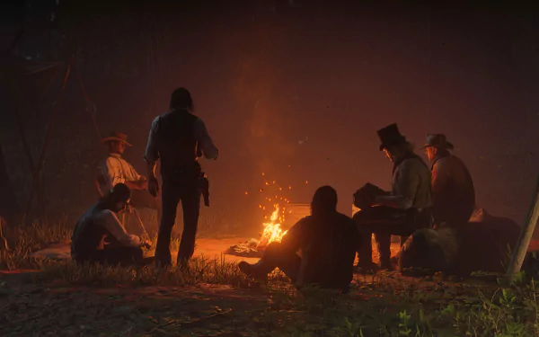 4K Ultra HD PC wallpaper from the video game Red Dead Redemption 2, showing six characters gathered around a campfire in a dark, atmospheric setting.