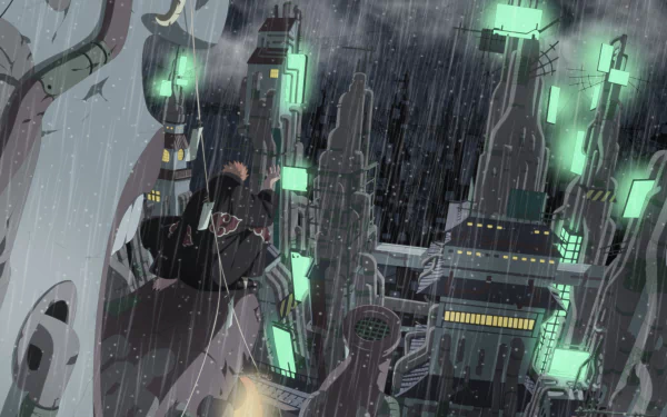 HD wallpaper featuring Yahiko from Naruto, also known as Pain from the Akatsuki, in a dark, rainy cityscape. The image showcases vibrant green lights against a stormy, industrial background.