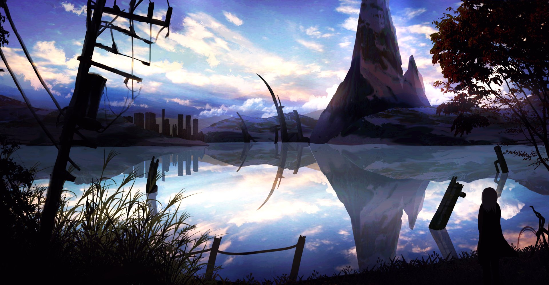 HD desktop wallpaper featuring an anime-style original depiction of a serene lake at sunset, with reflections of a mountain, sky, and scattered structures adding a tranquil ambiance to the scene.