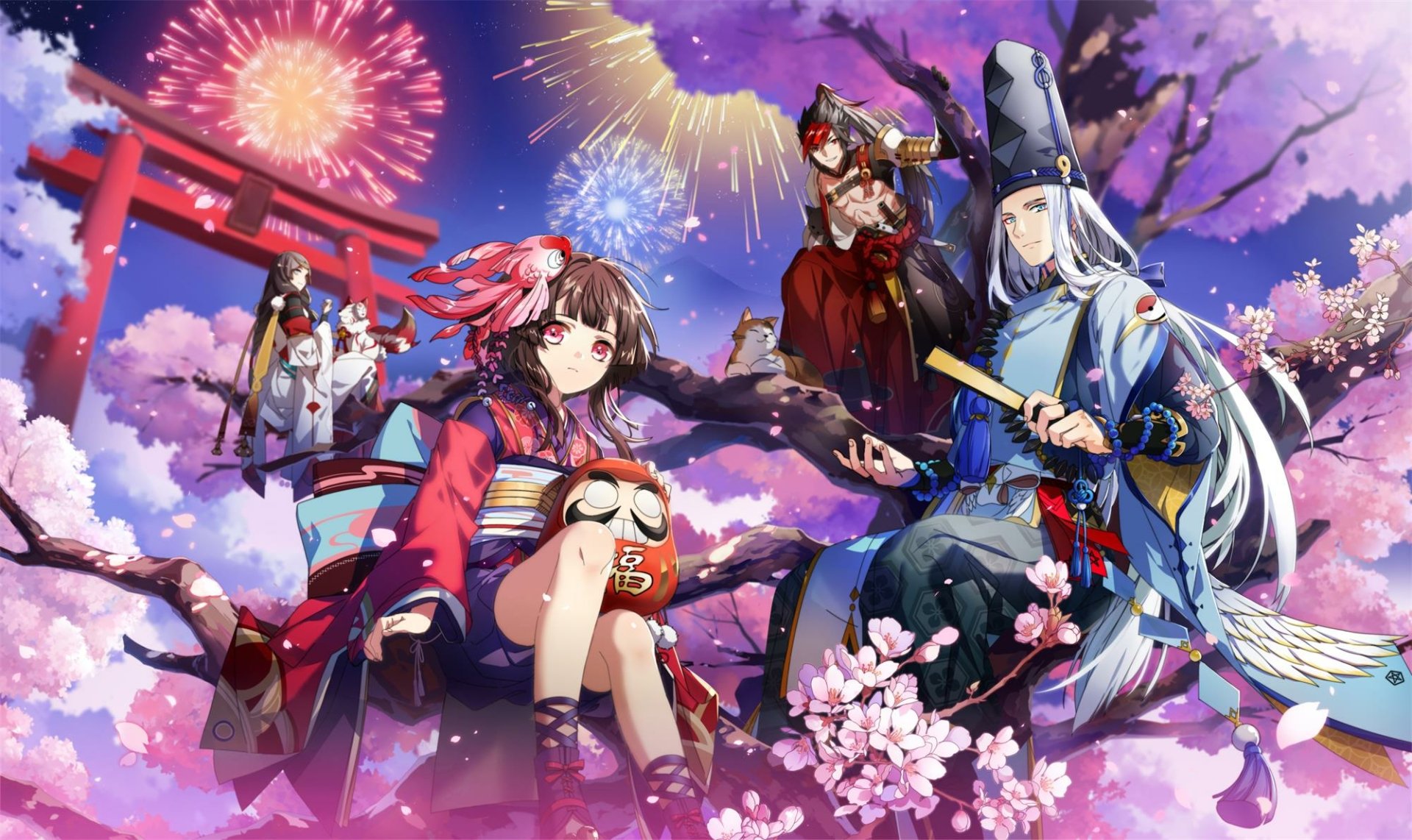 Anime-style Onmyoji characters pose amid cherry blossoms and fireworks under a vibrant night sky in this HD PC desktop wallpaper and background.